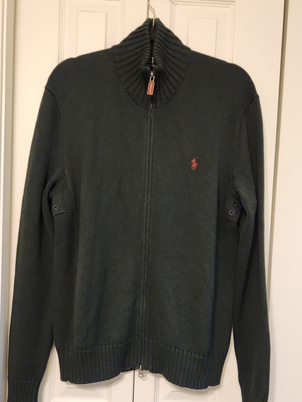 Polo Ralph Lauren Dark Green 100% Cotton Full Zip Pony Logo Cardigan Sweater